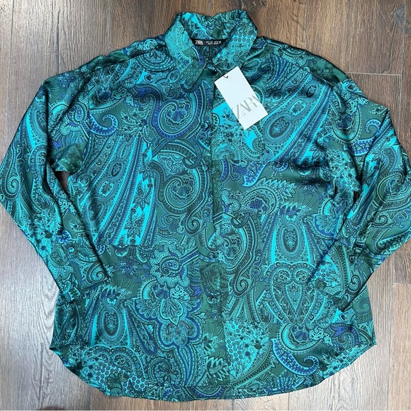 🆕 ZARA Green Paisley OversizedButton Front Shirt Blouse SZ SM - Picture 1 of 4